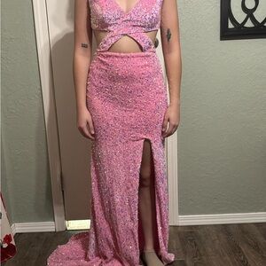 Elegant Pink Sequin Cut-Out Evening Gown